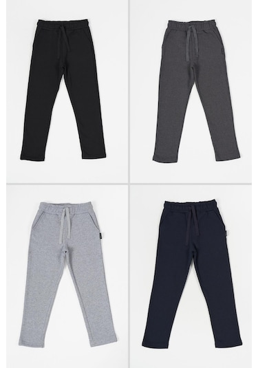 Siyah-lacivert Gri-antrasit Kalın Pamuklu Beli Lastikli Yan Cepli 4'lü Erkek Çocuk Eşofman Altı 001