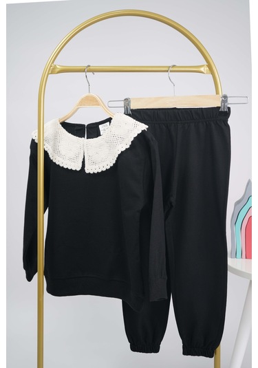 Kız Çocuk Okula Dönüş Yaka Dantel Modelli Pamuk Eşofman Takımı Siyah