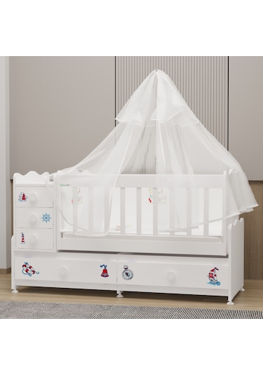 Garaj Home Melina Mdf Çıtalı Beşik + Yatak + Uyku Seti - Denizci Beyaz