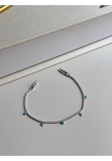 Yıldız Figürlü Mavi Taş Detaylı Gümüş Renk Çelik Bileklik Zarif Kadın Takı Gümüş