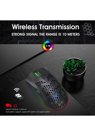 Geeksen Hxsj T66 Rgb Kablosuz Oyun Faresi - 3600dpı, Şarj Edilebilir, Ergonomik Tasarım, 7 Renk Aydınlatma Modu T66