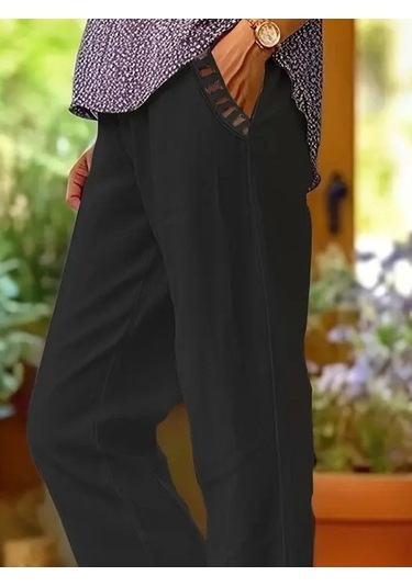Kadın Beli Lastikli Bağcıklı Cep Ve Pantolon Ucu Güpür Detaylı Pantolon Siyah
