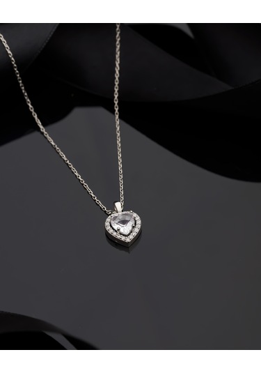 925 Ayar Zirkon Taşlı Rodyum Pırlanta Görünümlü Kalp Gümüş Kolye Rn10307 Gümüş