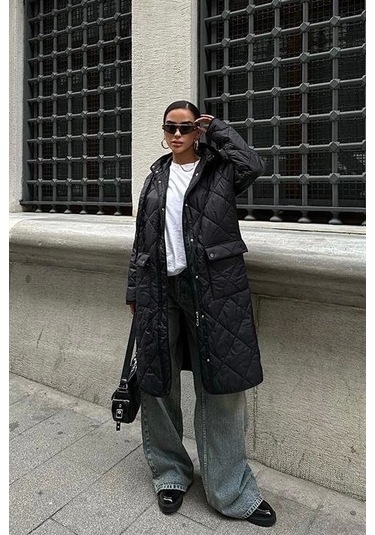 Fermuar Ve Kapşonlu Uzun Kapitone Mont 7062 Si Yah Siyah