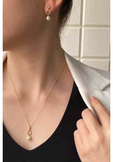 7,5 Mm Halka Doğal İnci Küpe Kolye İkili Set