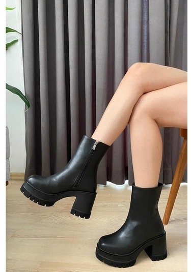 Asmi Shoes Kadın Leysi 8 Cm Platformlu Topuklu Fermuarlı Bot Siyah Siyah