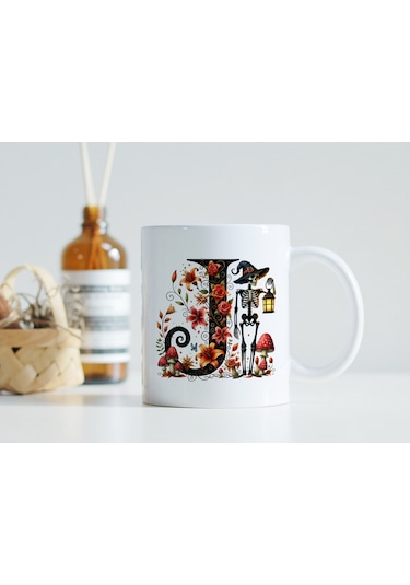 J Harfi Şapkalı İskelet Figürlü Ve Çiçekli Kupa Bardak - Cadılar Bayramı / Halloween Özel Hediye 07 Beyaz