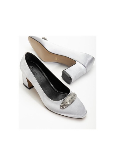 Kadın Siletto Topuklu Ayakkabı Gümüş Saten Taşlı Kalın Topuklu-4168 GUMUS