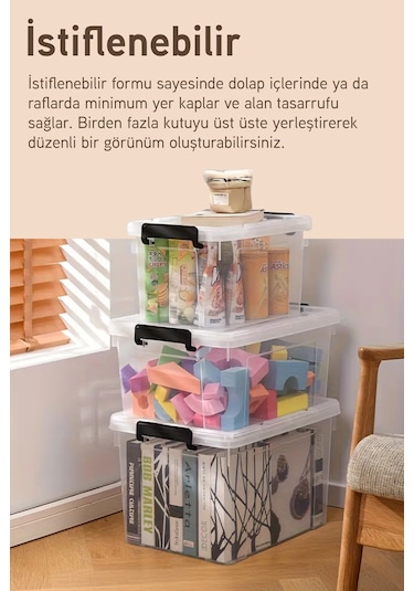 3'lü Saklama Kabı Yatay Dikdörtgen Kilitli Kapaklı Çok Amaçlı Oyuncak Saklama Kutusu 5 Litre Şeffaf