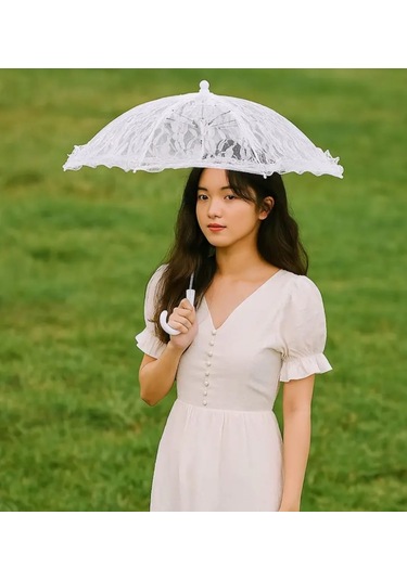 Atay Garage Şemsiye Gelin-düğün-özel Günler İcin Beyaz Dantelli 45-43 Boyutlarinda Beyaz