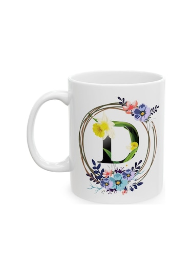 D Harf Baskılı Hediyelik Baskılı Porselen Beyaz Lüks Kupa Bardak Beyaz