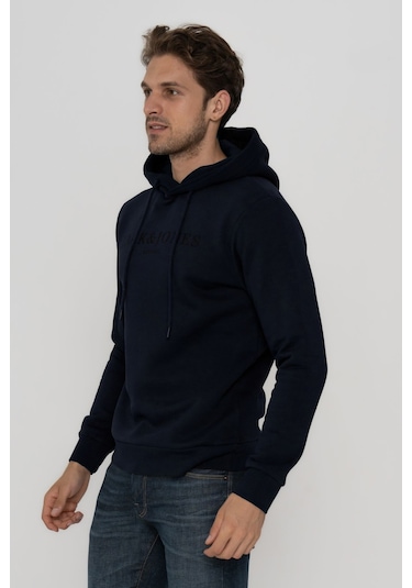 Jack & Jones Erkek Logo Baskili Kapüsonlu Sweatshirt - Luke 12214639 Navy Blazer Bej