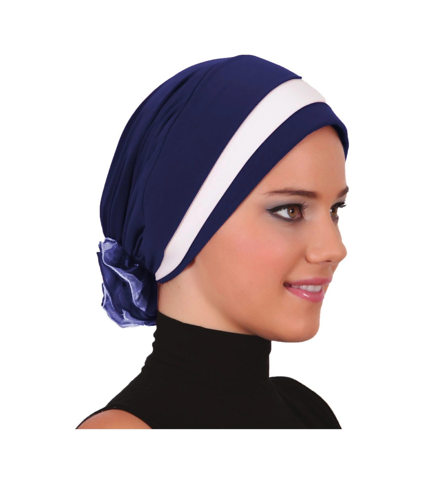 Katlı Arkası Organze Güllü Lacivert-krem Hazır Türban Tesettür Bone Lacivert-krem