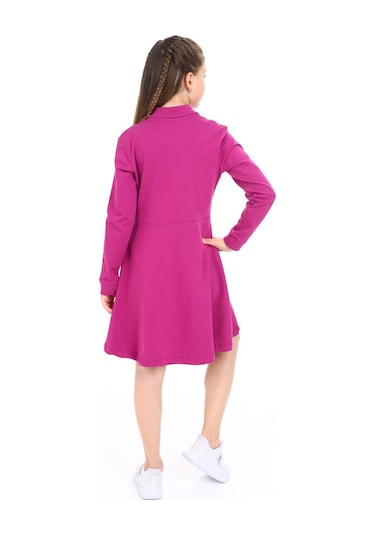 Toontoy Kız Çocuk Polo Yaka Çıtçıtlı Göğsü Baskılı Elbise Mürdüm