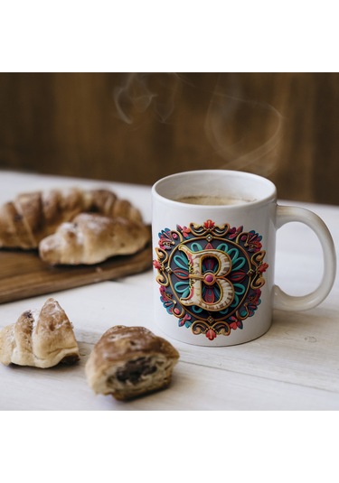 B Harfi Boho Bardak, Renkli Özel Tasarım Hediyelik Harfli Kupa, 330ml Porselen Beyaz