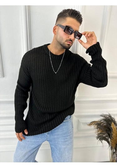 Kazak Oversize Çift Kat Zincir Örgü Naturel Pamuk Bol Kesim Tüylenmez Triko Kazak Siyah