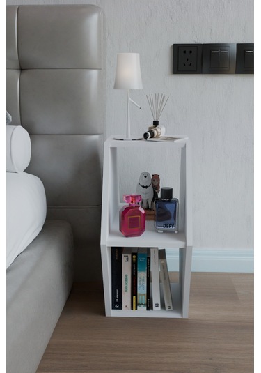 Alpa Ev Mobilya Altıgen Komodin, Modern Başucu Sehpası, Dekoratif Raflı Komodin Kitaplık Beyaz