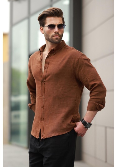 Madmext Kahverengi Basic %100 Pamuklu Uzun Kollu Erkek Gömlek E6761 Kahverengi