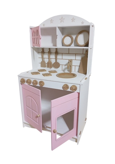 İki Kapaklı Boyalı Ahşap Oyuncak Mutfak
