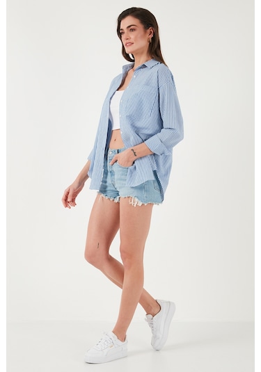 Lela Regular Fit Uzun Kollu Cepli Çizgili Bayan Gömlek 6772895 Indigo
