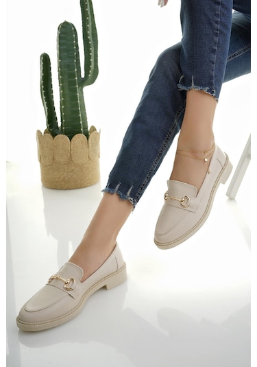 Muggo Sussie Garantili Metal Tokalı Kadın Loafer Günlük Ayakkabı Ten Cilt