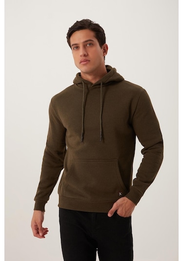 Erkek Kapüşonlu Kanguru Cep 3 İplik Sweatshirt Haki