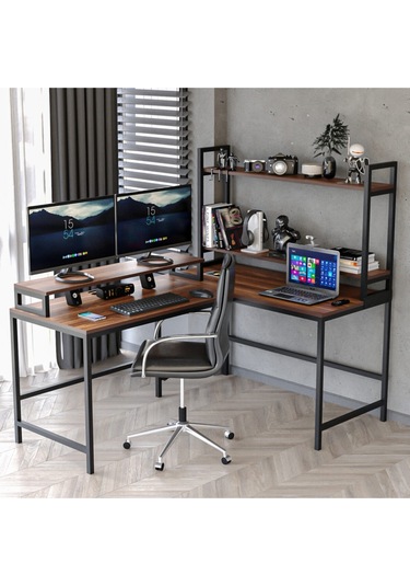 Raflı L Şekilli Ofis Masası -610-c Ceviz