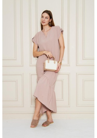 Kadın Uzun Eteği Fırfırlı Kısa Kol Apolet Detaylı Salaş Günlük Rahat Elbise 3761366 Pudra