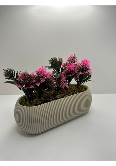 Uzun Bej Renk Saksıda Yapay Çiçek Pembe Iğneli Çam Demeti Dekoratif Mutfak Banyo Masa Çiçeği 21x9x7 - Pembe