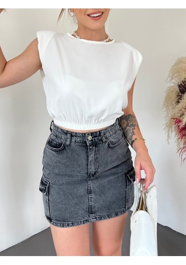 Omuzları Vatkalı Beli Lastikli Bluz -beyaz Karışık