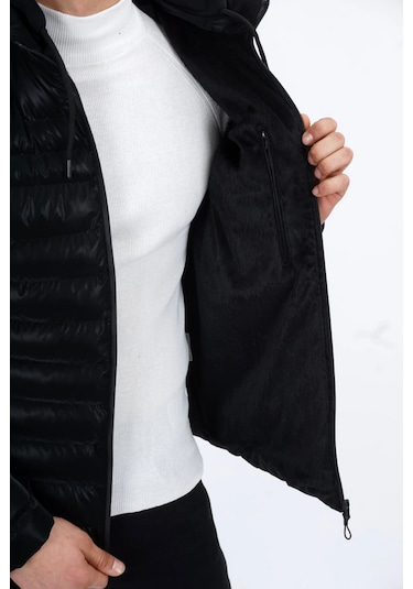 Dynamo Erkek Kapüşonlu Şişme Süet Slim-fit Mont Siyah