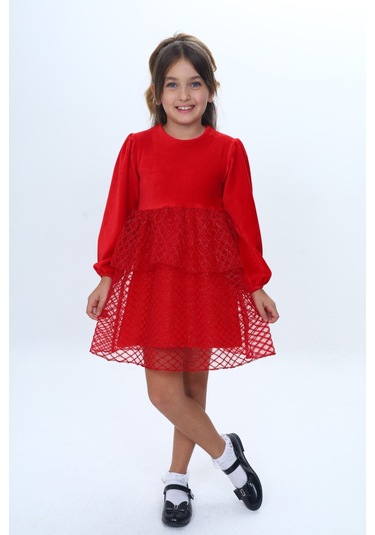 Toontoy Kız Çocuk Kadife Kat Kat Fırfır Detaylı Elbise Kırmızı
