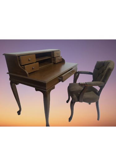 Bengimobilya Çalışma Masa-Berjer Sandalye Kelebek Model Parlak Ceviz Boya Kete Ceviz