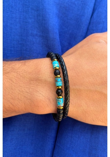 Taşlı El İşçiliği İle Üretilmiş Hakiki Deri Erkek Bileklik Siyah