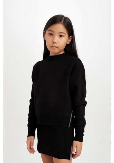 DeFacto Kız Çocuk Siyah Bisiklet Yaka Yırtmaçlı Triko Kazak D1394A824WNBK27 Siyah