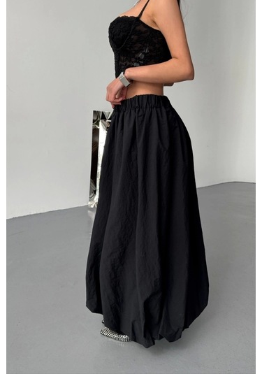 Bel Lastikli Balon Etek Şanel Boy Soft Kumaş - Siyah Siyah