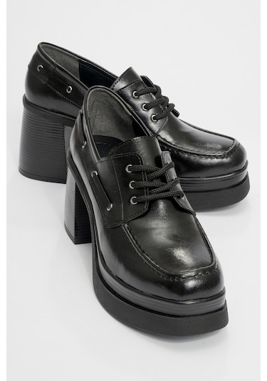 Dudley Siyah Cilt Bağcıklı Kadın Platform Topuklu Ayakkabı Siyah-2