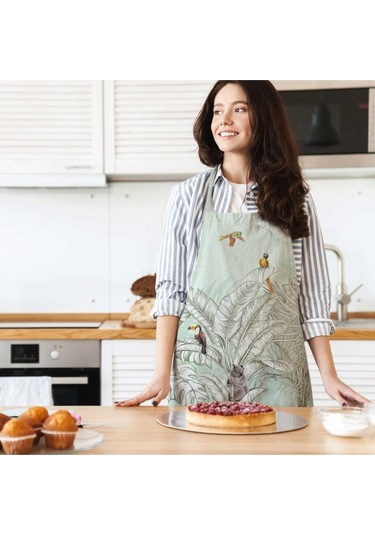 Renkli Palmiye Yaprak Detaylı Mutfak Önlüğü -keten Kumaş, Uluslararası Yıkama Ve Solmama Sertifikası Çok Renkli