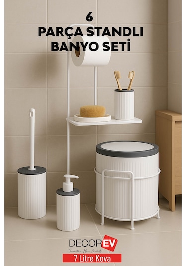 Decorev 6 Parça Standlı Banyo Seti 7 Litre Çöp Kovası, Tuvalet Kağıtlığı, Sabunluk, Fırçalık Banyo Takımı Beyaz - Gri
