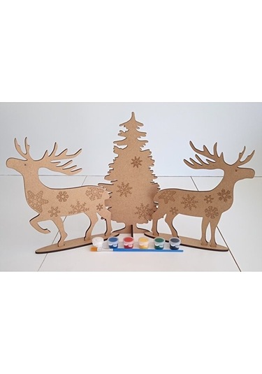 Geyik Ve Ağaç 3d Yapboz Yeni Yıl Temalı Ahşap Boyama Seti