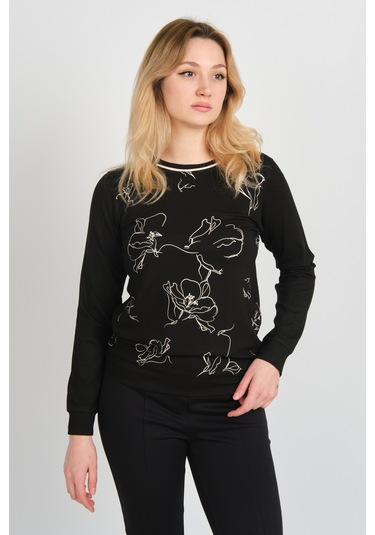 Sistas Kadın Desenli Bisiklet Yaka Uzun Kol Bluz 24611 Siyah Siyah