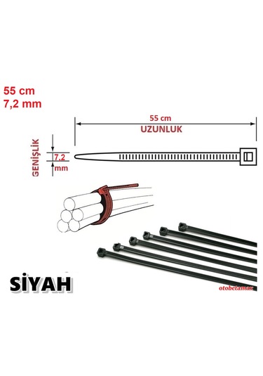 10 Adet 55cmx7,2mm Siyah Plastik Cırt Kelepçe Kablo Bağı