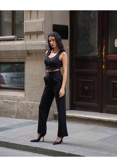 Kadın Crep V Yaka Yelek Ve Pantolon Takım Siyah