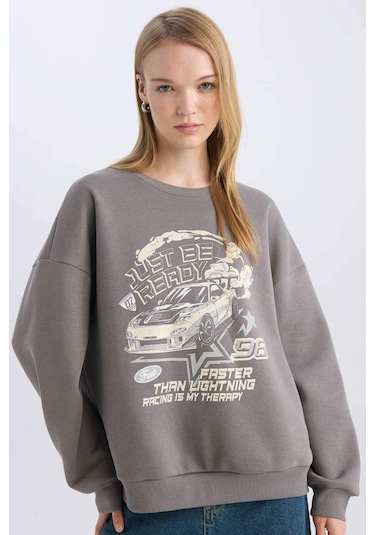 DeFacto Coool Oversize Geniş Kalıp Bisiklet Yaka Baskılı Kalın Sweatshirt D5385AX24AUGR310 Gri