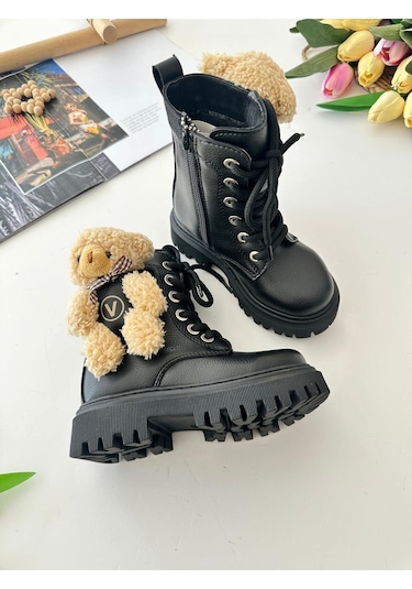 Miniğimin Cicileri Peluş Ayıcık Detaylı Premium Kız Çocuk Postal Bot - Siyah
