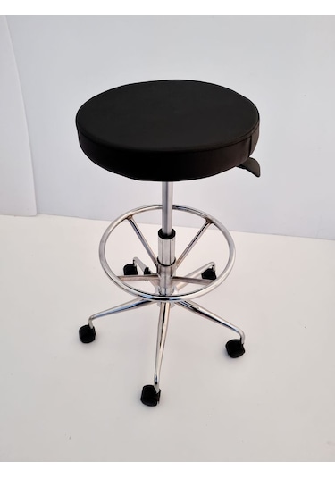 Siyah Deri Tekerlekli Yüksek Bar Boy Laboratuvar Taburesi