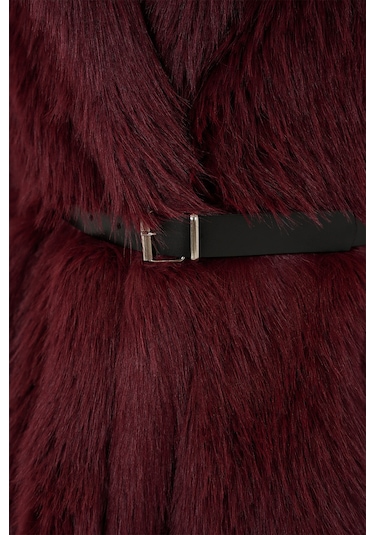 Kadın Kemerli Oversize Kürklü Kaban 9156 - Bordo Bordo