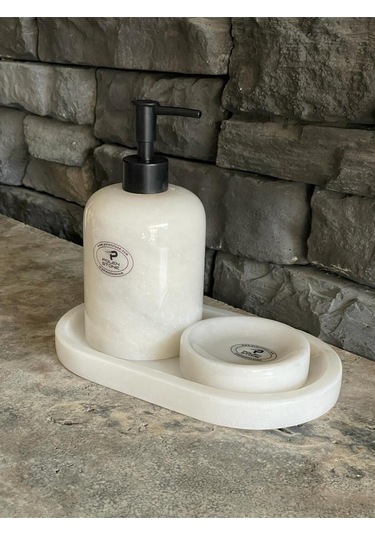 Beyaz Mermer Sıvı Sabunluk, Oval Tepsi. Katı Sabunluk 3'lü Set Siyah Aksesuarlı Beyaz