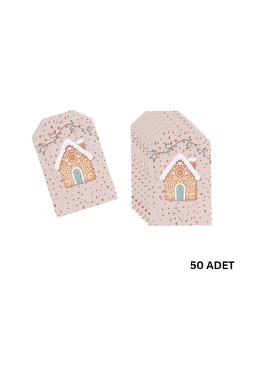 Yılbaşı Ev Temalı Hediye Etiketi, Yeniyıl, Noel Delikli Paketleme Kartı, 50 Adet-4.8x7.5 Cm, Krem