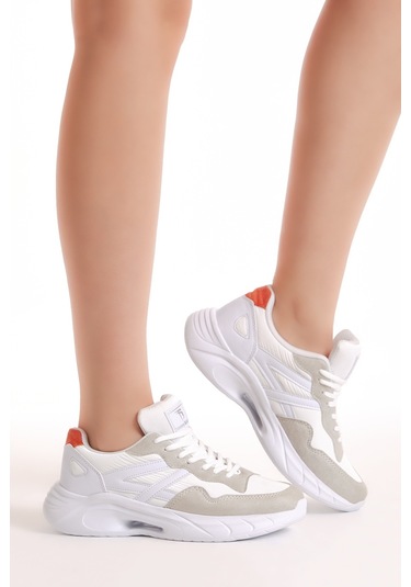 Tonny Black Kadın Beyaz Gri Faylon Taban Şeritli Bağcıklı Spor Ayakkabı Beyaz - Gri